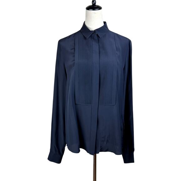 Salvatore Ferragamo Tops - Salvatore Ferragamo NWT Black 100% Silk Pintuck Long Sleeve Button Up Blouse